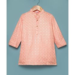 Babyhug Cotton Blend Woven Full Sleeves Sequin Embroidered Kurta Pyjama Set - Peach