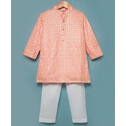 Babyhug Cotton Blend Woven Full Sleeves Sequin Embroidered Kurta Pyjama Set - Peach