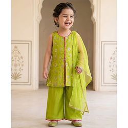 Babyhug Woven Sleeveless Kurti Palazzo Set with Dupatta & Sequin Detailing - Green