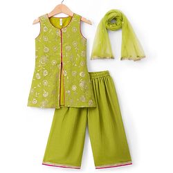 Babyhug Woven Sleeveless Kurti Palazzo Set with Dupatta & Sequin Detailing - Green