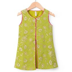 Babyhug Woven Sleeveless Kurti Palazzo Set with Dupatta & Sequin Detailing - Green