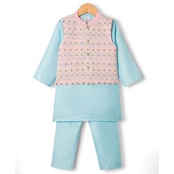 Babyhug Cotton Blend Woven Full Sleeves Kurta Pyjama With Embroidered Nehru Jacket - Light Blue