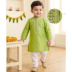 Babyhug Cotton Blend Woven Full Sleeves Embroidered Kurta & Pyjama Set - Green