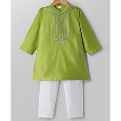 Babyhug Cotton Blend Woven Full Sleeves Embroidered Kurta & Pyjama Set - Green