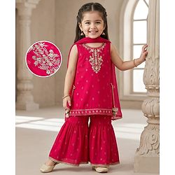 Babyhug Cotton Blend Woven Sleeveless Kurti Gharara Set with Dupatta & Floral Embroidery - Fuchsia