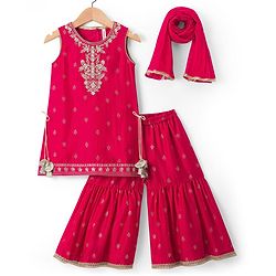 Babyhug Cotton Blend Woven Sleeveless Kurti Gharara Set with Dupatta & Floral Embroidery - Fuchsia
