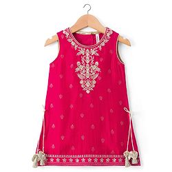 Babyhug Cotton Blend Woven Sleeveless Kurti Gharara Set with Dupatta & Floral Embroidery - Fuchsia