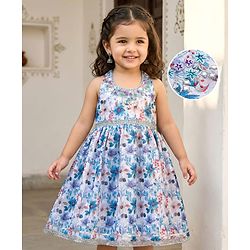 Babyhug 100% Cotton Woven Sleeveless Schiffly Floral Printed Ethnic Dress With Halter Neck - White