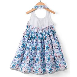 Babyhug 100% Cotton Woven Sleeveless Schiffly Floral Printed Ethnic Dress With Halter Neck - White