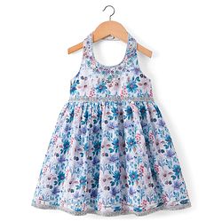 Babyhug 100% Cotton Woven Sleeveless Schiffly Floral Printed Ethnic Dress With Halter Neck - White