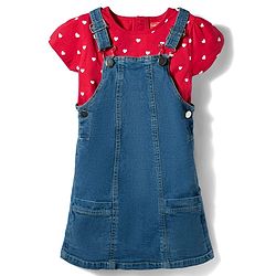 Babyhug Woven Denim Frock & Half Sleeves Inner Tee With Heart Print - Blue & Red
