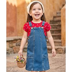 Babyhug Woven Denim Frock & Half Sleeves Inner Tee With Heart Print - Blue & Red