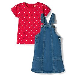 Babyhug Woven Denim Frock & Half Sleeves Inner Tee With Heart Print - Blue & Red