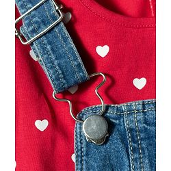 Babyhug Woven Denim Frock & Half Sleeves Inner Tee With Heart Print - Blue & Red