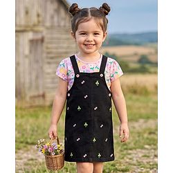 Babyhug 100% Cotton Woven Half Sleeves Floral Printed & Embroidered Frock With Inner Tee - Black