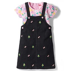 Babyhug 100% Cotton Woven Half Sleeves Floral Printed & Embroidered Frock With Inner Tee - Black