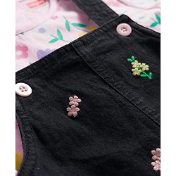 Babyhug 100% Cotton Woven Half Sleeves Floral Printed & Embroidered Frock With Inner Tee - Black