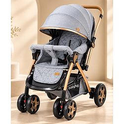 Babyhug Landscape Stroller with Reversible Handle Grey| Multi-Recline Backrest| UV Protection Canopy| 5-Point Harness| All-Wheel Suspension| Swivel Wheels| Trolley-Style Pull Handle| Linked Brake