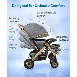 Babyhug Landscape Stroller with Reversible Handle Grey| Multi-Recline Backrest| UV Protection Canopy| 5-Point Harness| All-Wheel Suspension| Swivel Wheels| Trolley-Style Pull Handle| Linked Brake