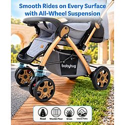 Babyhug Landscape Stroller with Reversible Handle Grey| Multi-Recline Backrest| UV Protection Canopy| 5-Point Harness| All-Wheel Suspension| Swivel Wheels| Trolley-Style Pull Handle| Linked Brake