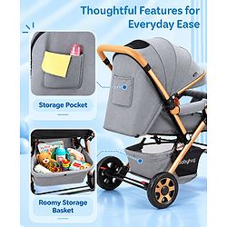 Babyhug Landscape Stroller with Reversible Handle Grey| Multi-Recline Backrest| UV Protection Canopy| 5-Point Harness| All-Wheel Suspension| Swivel Wheels| Trolley-Style Pull Handle| Linked Brake