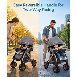 Babyhug Landscape Stroller with Reversible Handle Grey| Multi-Recline Backrest| UV Protection Canopy| 5-Point Harness| All-Wheel Suspension| Swivel Wheels| Trolley-Style Pull Handle| Linked Brake