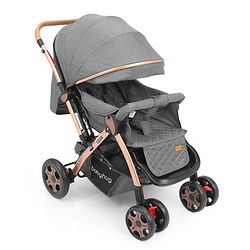 Babyhug Landscape Stroller with Reversible Handle Grey| Multi-Recline Backrest| UV Protection Canopy| 5-Point Harness| All-Wheel Suspension| Swivel Wheels| Trolley-Style Pull Handle| Linked Brake