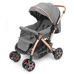 Babyhug Landscape Stroller with Reversible Handle Grey| Multi-Recline Backrest| UV Protection Canopy| 5-Point Harness| All-Wheel Suspension| Swivel Wheels| Trolley-Style Pull Handle| Linked Brake