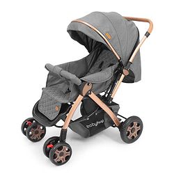 Babyhug Landscape Stroller with Reversible Handle Grey| Multi-Recline Backrest| UV Protection Canopy| 5-Point Harness| All-Wheel Suspension| Swivel Wheels| Trolley-Style Pull Handle| Linked Brake