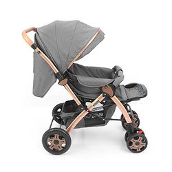 Babyhug Landscape Stroller with Reversible Handle Grey| Multi-Recline Backrest| UV Protection Canopy| 5-Point Harness| All-Wheel Suspension| Swivel Wheels| Trolley-Style Pull Handle| Linked Brake