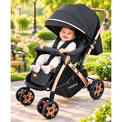 Babyhug Landscape Stroller with Reversible Handle Grey| Multi-Recline Backrest| UV Protection Canopy| 5-Point Harness| All-Wheel Suspension| Swivel Wheels| Trolley-Style Pull Handle| Linked Brake