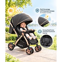 Babyhug Landscape Stroller with Reversible Handle Grey| Multi-Recline Backrest| UV Protection Canopy| 5-Point Harness| All-Wheel Suspension| Swivel Wheels| Trolley-Style Pull Handle| Linked Brake