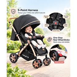 Babyhug Landscape Stroller with Reversible Handle Grey| Multi-Recline Backrest| UV Protection Canopy| 5-Point Harness| All-Wheel Suspension| Swivel Wheels| Trolley-Style Pull Handle| Linked Brake
