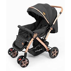 Babyhug Landscape Stroller with Reversible Handle Grey| Multi-Recline Backrest| UV Protection Canopy| 5-Point Harness| All-Wheel Suspension| Swivel Wheels| Trolley-Style Pull Handle| Linked Brake