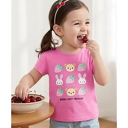 Babyhug Cotton Knit Half sleeves T-Shirt with Animal & Berry Print - Pink
