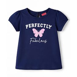 Babyhug Cotton Knit Half Sleeves T-Shirt with Butterfly Print - Navy Blue