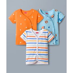 Babyhug 100% Cotton Interlock Knit Half Sleeves Stripes Jhablas with Star & Bear Print Pack of 3- Orange & Sky