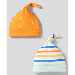 Babyhug 100% Cotton Knit Striped & Star Printed Caps Pack of 2 Multicolor - Diameter 17 cm