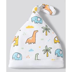 Babyhug 100% Cotton Knit Striped & Dino Printed Caps Pack of 2 Multicolor - Diameter 17 cm