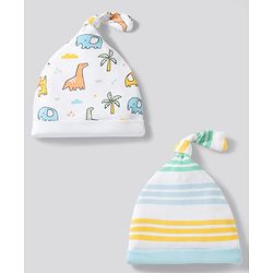 Babyhug 100% Cotton Knit Striped & Dino Printed Caps Pack of 2 Multicolor - Diameter 17 cm