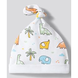 Babyhug 100% Cotton Knit Striped & Dino Printed Caps Pack of 2 Multicolor - Diameter 17 cm