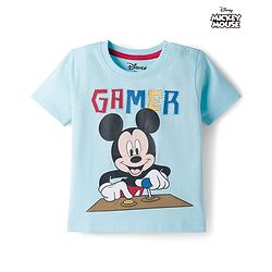 Babyhug Disney Single Jersey Knit Half Sleeves T-Shirt with Mickey Mouse Graphic - Light Blue