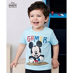 Babyhug Disney Single Jersey Knit Half Sleeves T-Shirt with Mickey Mouse Graphic - Light Blue