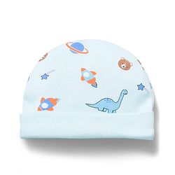 Babyhug 100% Cotton Interlock Knit Printed Cap Mittens & Booties Set Blue - Diameter 16.5 cm