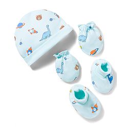 Babyhug 100% Cotton Interlock Knit Printed Cap Mittens & Booties Set Blue - Diameter 16.5 cm