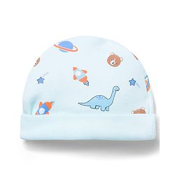 Babyhug 100% Cotton Interlock Knit Printed Cap Mittens & Booties Set Blue - Diameter 16.5 cm