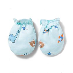 Babyhug 100% Cotton Interlock Knit Printed Cap Mittens & Booties Set Blue - Diameter 16.5 cm