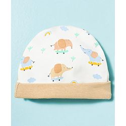 Babyhug 100% Cotton Knit Cap Mittens & Booties With Elephant Print Multicolor - Diameter 17 cm