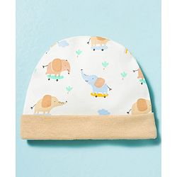 Babyhug 100% Cotton Knit Cap Mittens & Booties With Elephant Print Multicolor - Diameter 17 cm
