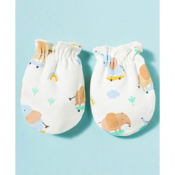 Babyhug 100% Cotton Knit Cap Mittens & Booties With Elephant Print Multicolor - Diameter 17 cm